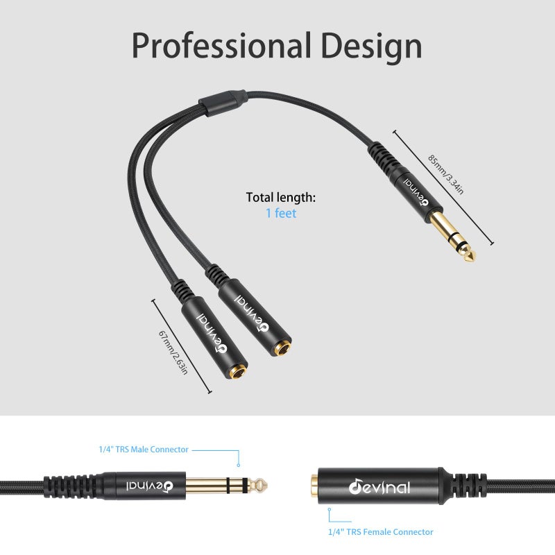 Devinal 1/4 inch TRS Splitter Cable, 6.35mm Stereo Y Cable, 1/4 Male Plug to Dual 1/4 Female Jack Cord, 12 inches / 30cm - Image 5